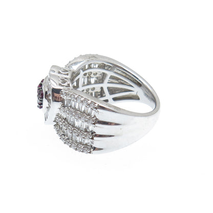 925 Sterling Silver Real Round-Cut Ruby & C Z Heart Ring Size 7.25