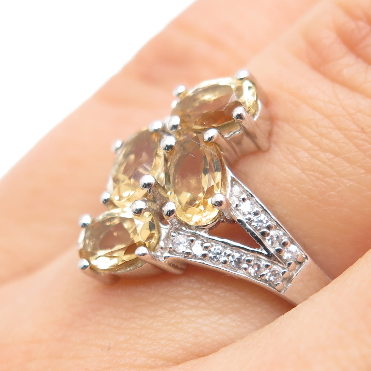 925 Sterling Silver Real Oval-Cut Citrine & White Topaz Bypass Ring Size 6.25