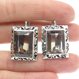 925 Sterling Silver Vintage Real Emerald-Cut Smoky Quartz Ornate Swirl Earrings