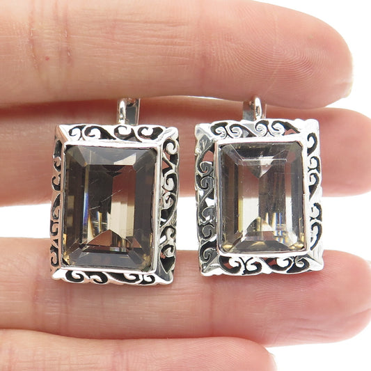 925 Sterling Silver Vintage Real Emerald-Cut Smoky Quartz Ornate Swirl Earrings