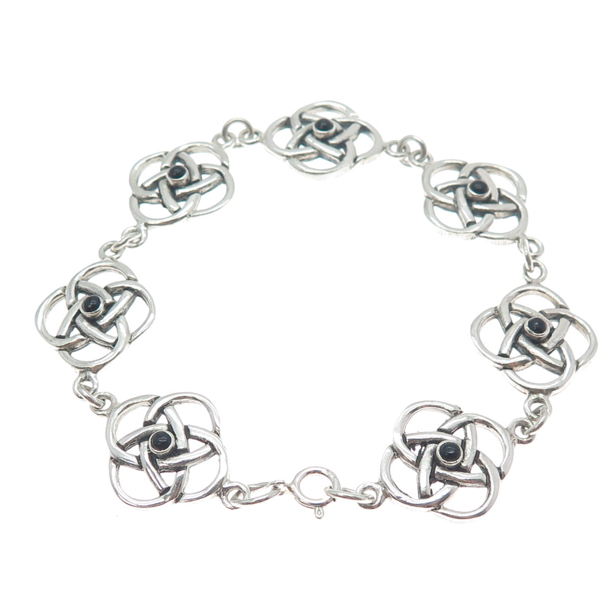 925 Sterling Silver Vintage Real Black Onyx Celtic Love Knot Link Bracelet 7.25"