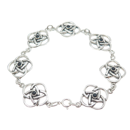 925 Sterling Silver Vintage Real Black Onyx Celtic Love Knot Link Bracelet 7.25"