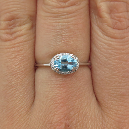 925 Sterling Silver Real Blue Topaz & Round-Cut C Z Ring Size 7.25