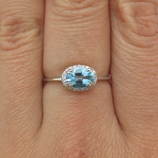 925 Sterling Silver Real Blue Topaz & Round-Cut C Z Ring Size 7.25