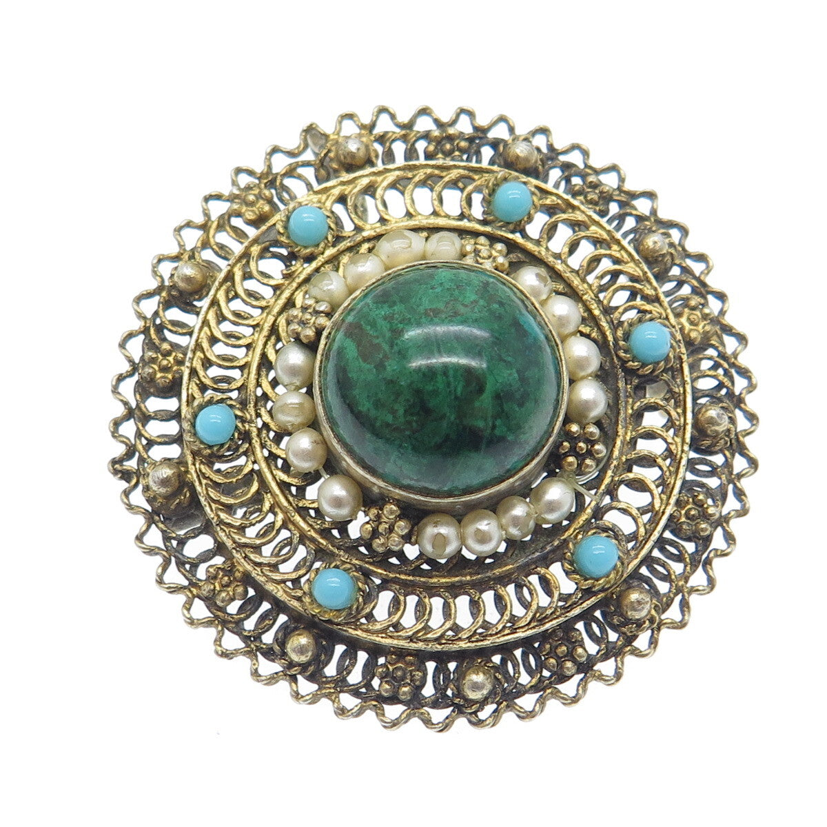 925 Sterling Gold Plated Vintage Israel Faux Pearl & Turquoise Eilat Pin Pendant