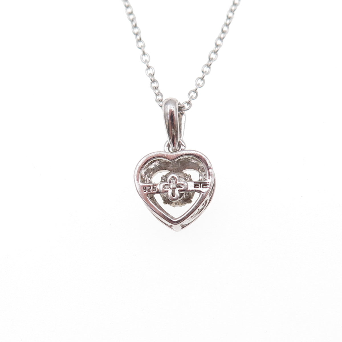 925 Sterling Silver Real Round-Cut Diamond Heart Cable Chain Necklace 18"