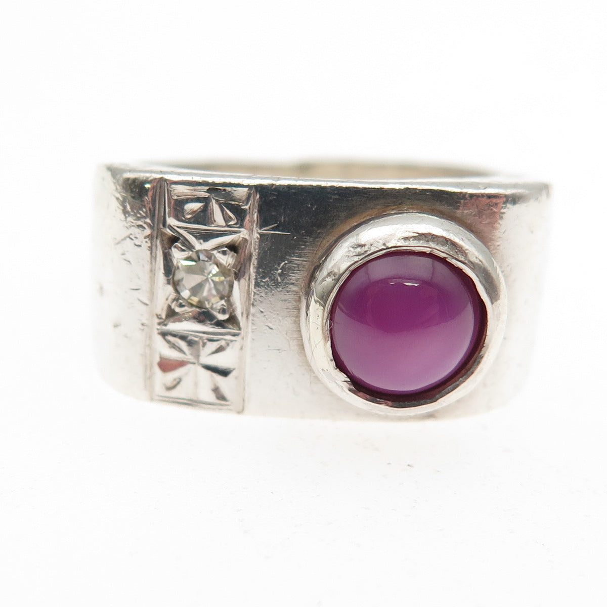 925 Sterling Silver Antique Art Deco Real Diamond & Star Ruby Ring Size 5.5