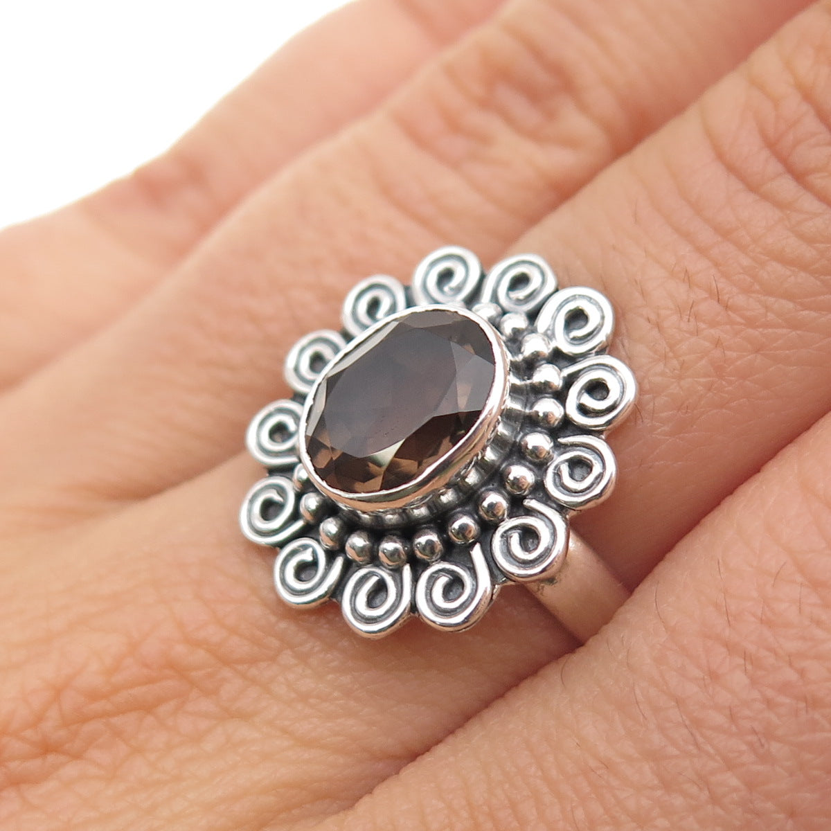 925 Sterling Silver Vintage Real Smoky Quartz Spiral Oxidized Ring Size 7.5