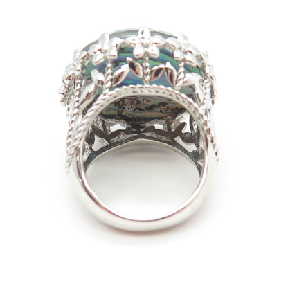 925 Sterling Silver Real Doublet Abalone Shell Floral Wide Ring Size 6.25