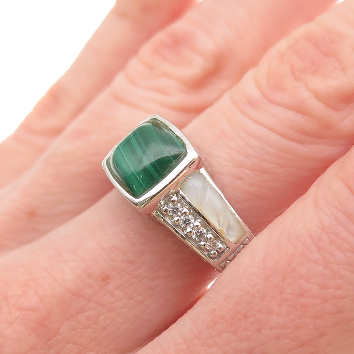 Judith Ripka 925 Sterling Silver Real Malachite MOP & C Z Signet Ring Size 9