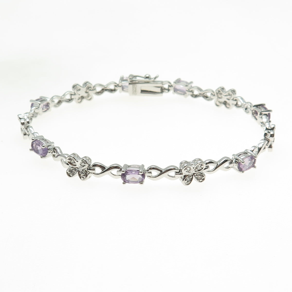 FADI 925 Sterling Silver Real Amethyst & C Z Flower Infinity Link Bracelet 7.5"