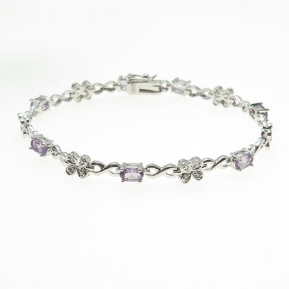 FADI 925 Sterling Silver Real Amethyst & C Z Flower Infinity Link Bracelet 7.5"