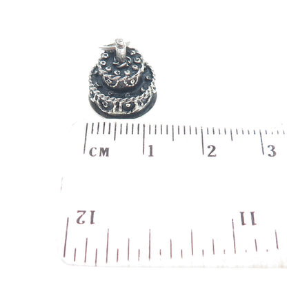 BEAU 925 Sterling Silver Antique Birthday Cake Oxidized Mini 3D Charm Pendant