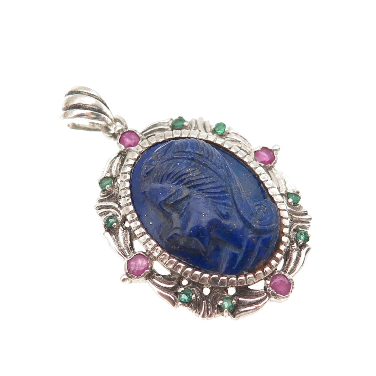 925 Sterling Silver Vintage Real Lapis Ruby & Emerald Lady Cameo Charm Pendant