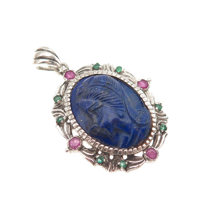 925 Sterling Silver Vintage Real Lapis Ruby & Emerald Lady Cameo Charm Pendant