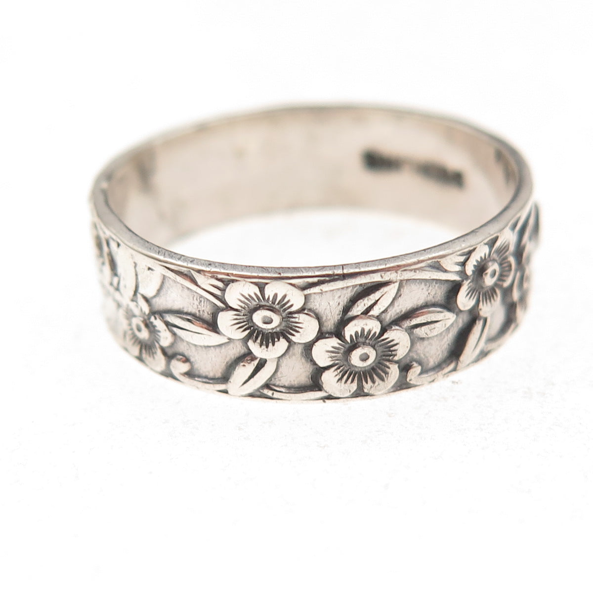 925 Sterling Silver Antique Art Deco Cherry Blossom Oxidized Ring Size 9