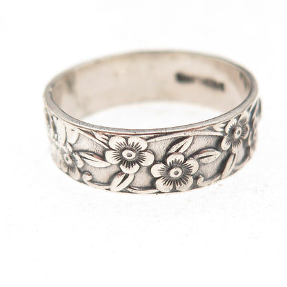 925 Sterling Silver Antique Art Deco Cherry Blossom Oxidized Ring Size 9
