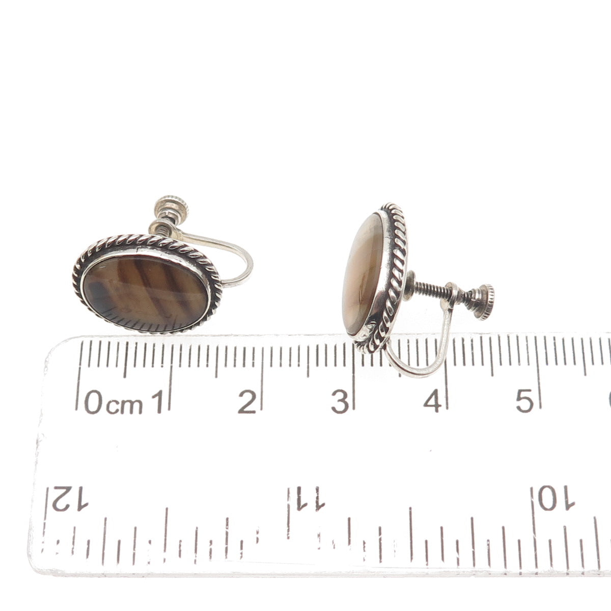925 Sterling Silver Vintage Real Agate Oxidized Screw Back Earrings