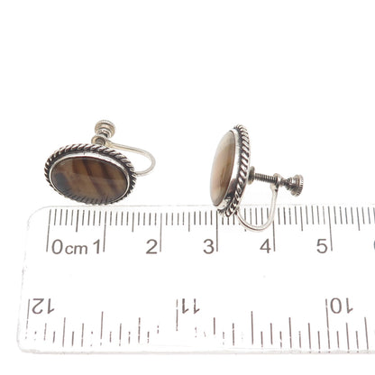 925 Sterling Silver Vintage Real Agate Oxidized Screw Back Earrings