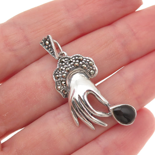 935 Silver Vintage Real Black Onyx & Marcasite Hand Oxidized Charm Pendant