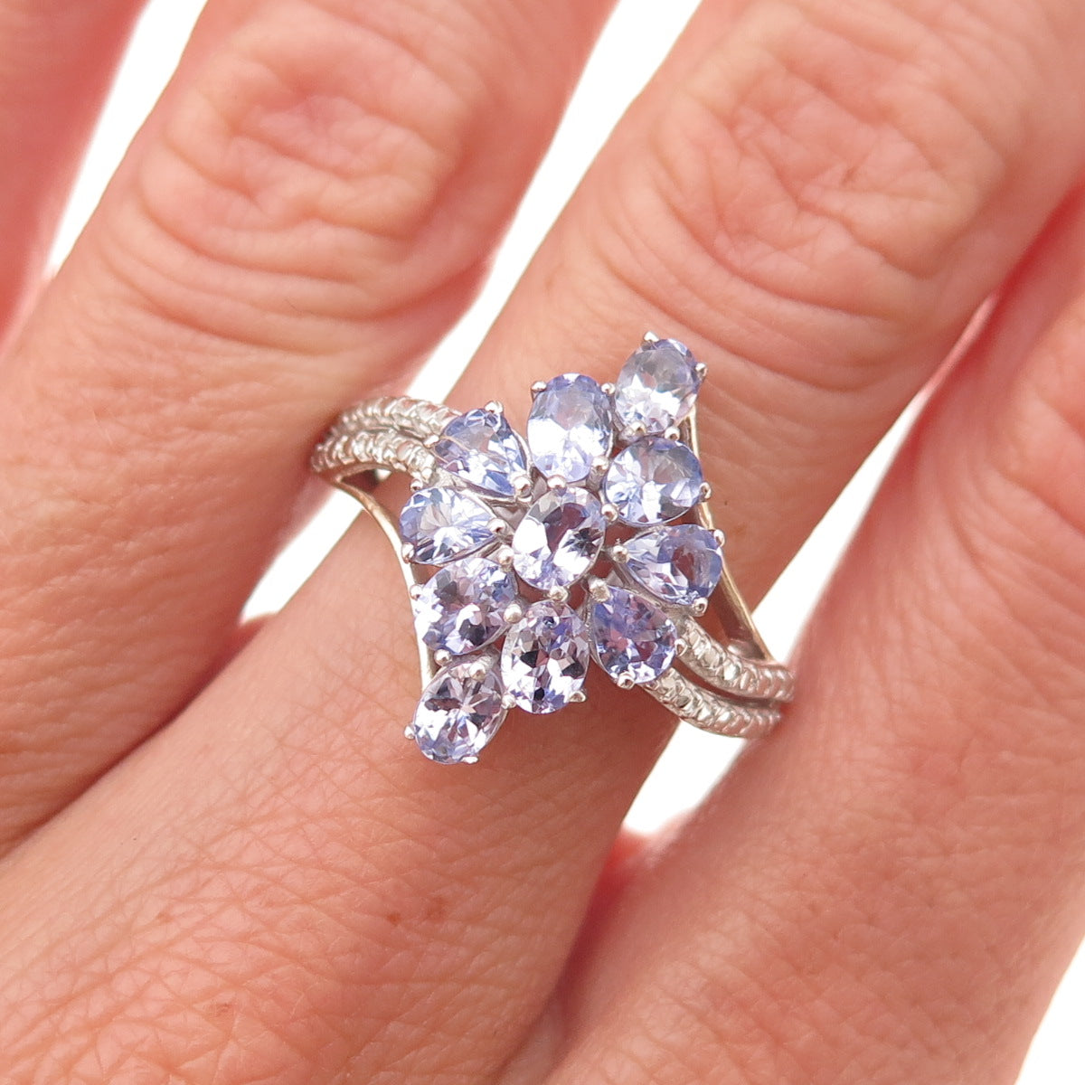 Chuck Clemency 925 Sterling Silver Real Tanzanite Floral Cluster Ring Size 7