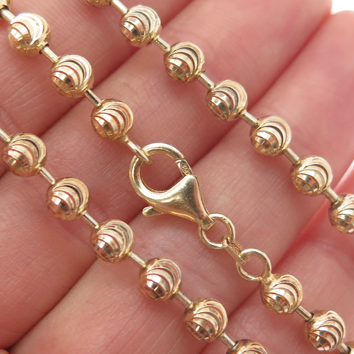 925 Sterling Silver Gold Plated Diamond-Cut Ball Beaded Chain Necklace 36"