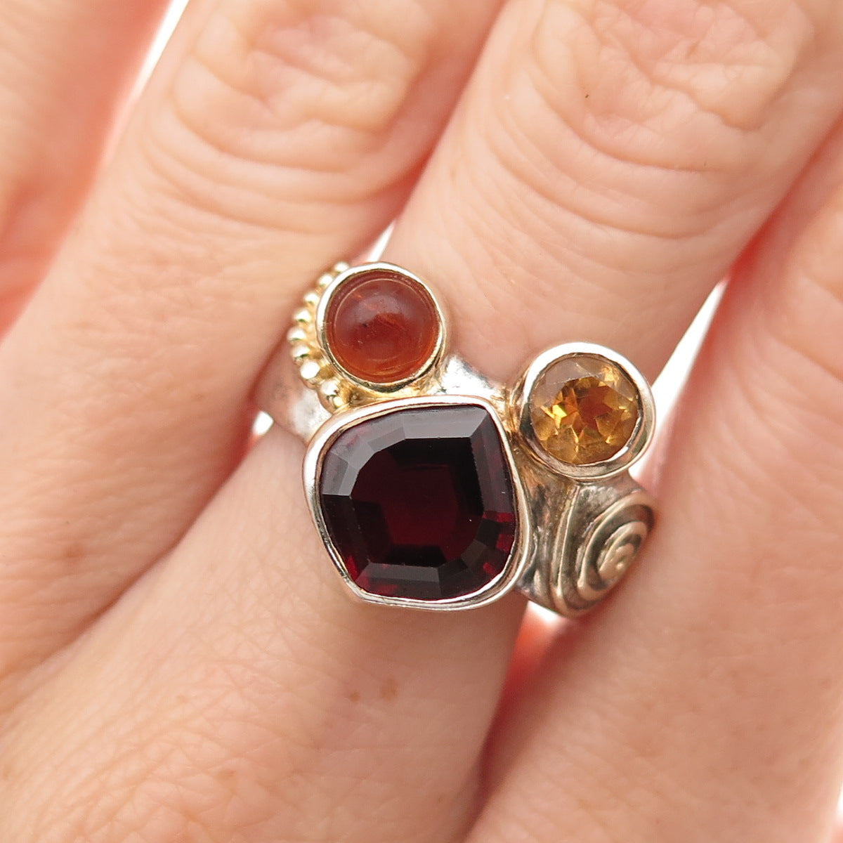 Michou Sterling Silver Vintage Real Amber Citrine & Garnet Modernist Ring Size 9