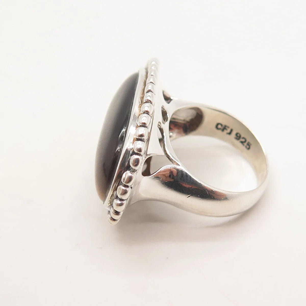 925 Sterling Silver Vintage Real Tiger Eye Gem Beaded Oval Ring Size 6