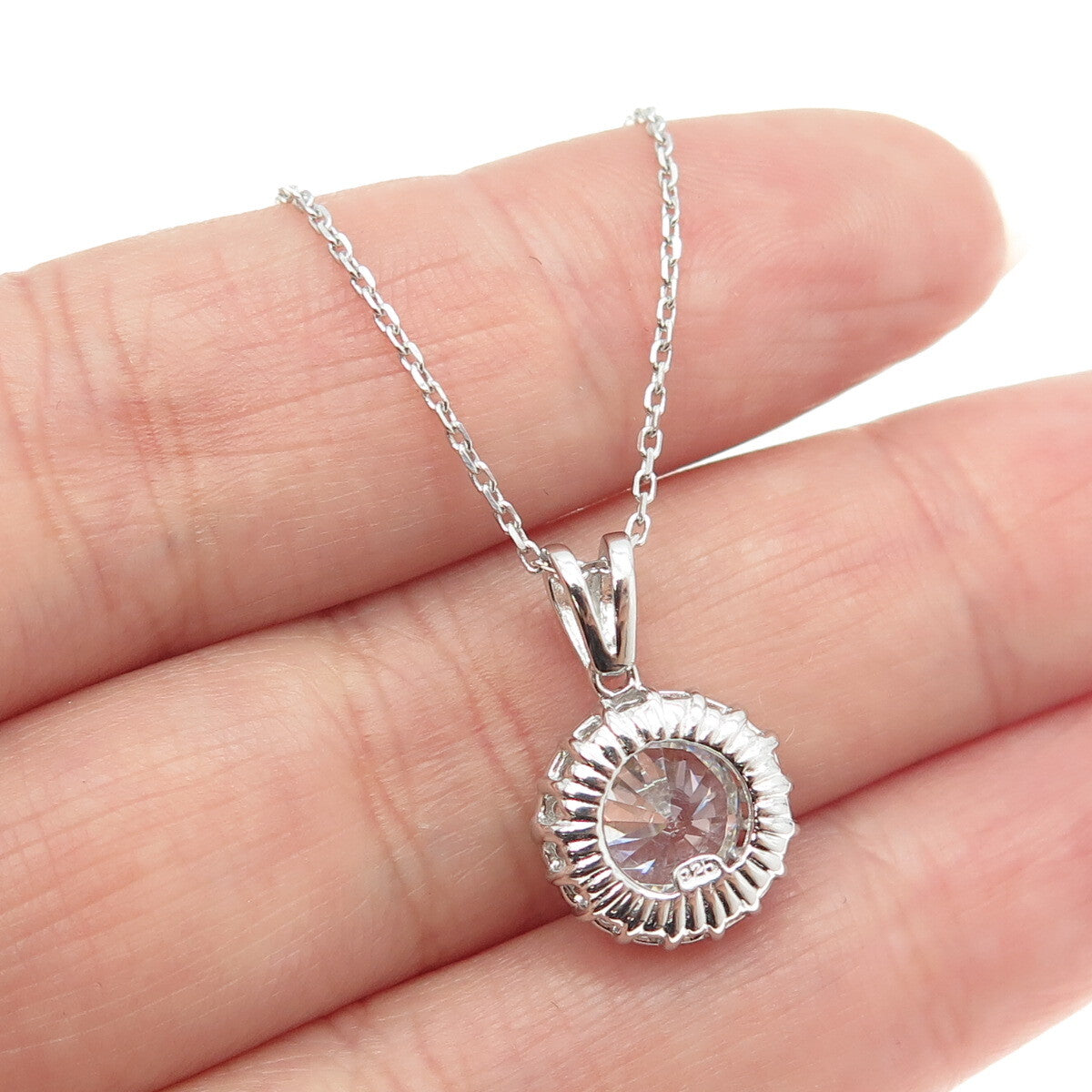 925 Sterling Silver Round-Cut Shaped C Z Pendant Rolo Chain Necklace 18"