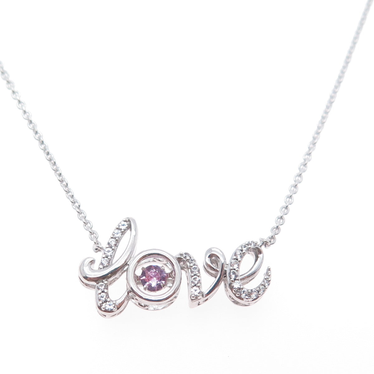 SUN 925 Sterling Silver Real White & Pink Topaz Love Cable Chain Necklace 18"