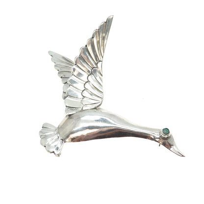 925 Sterling Silver Vintage Real Turquoise Gemstone Flying Swan Pin Brooch