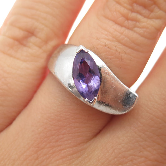 925 Sterling Silver Vintage Real Marquise-Cut Amethyst Modernist Ring Size 5.5