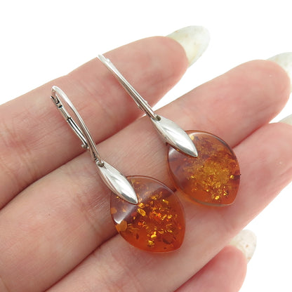 925 Sterling Silver Vintage Real Amber Modernist Earrings