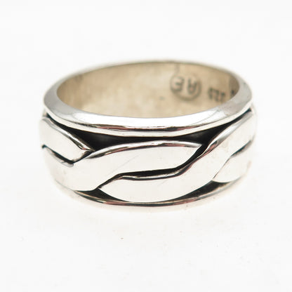 925 Sterling Silver Vintage Mexico Woven Oxidized Rotating Band Ring Size 9.75