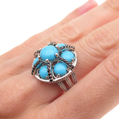 925 Sterling Silver Real Turquoise Black Spinel & Sapphire Ring Size 7