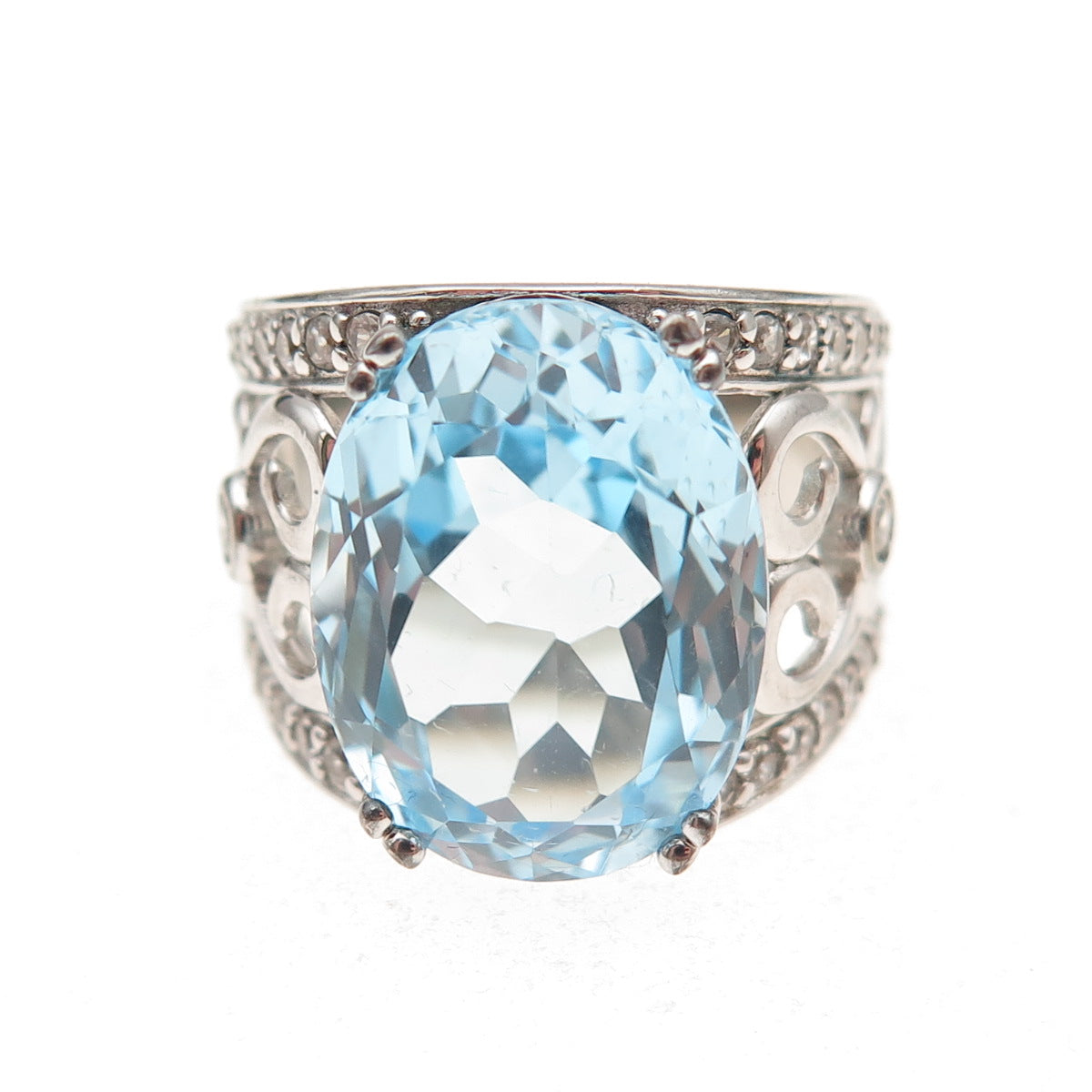 925 Sterling Silver Real Blue & White Topaz Heart Ornate Ring Size 7.25