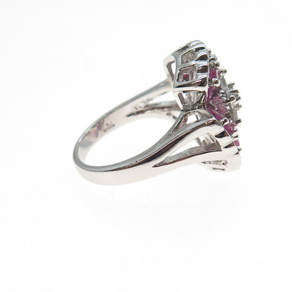 925 Sterling Silver Real Pink Topaz & C Z Flower Ring Size 7.25