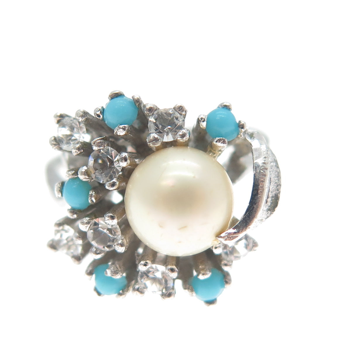 925 Sterling Silver Vintage Real Pearl Faux Turquoise & C Z Ring Size 6.5