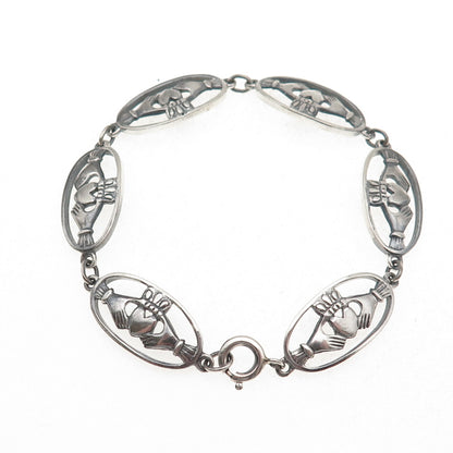 Solvar 925 Sterling Silver Vintage Irish Claddagh Link Oxidized Bracelet 7"