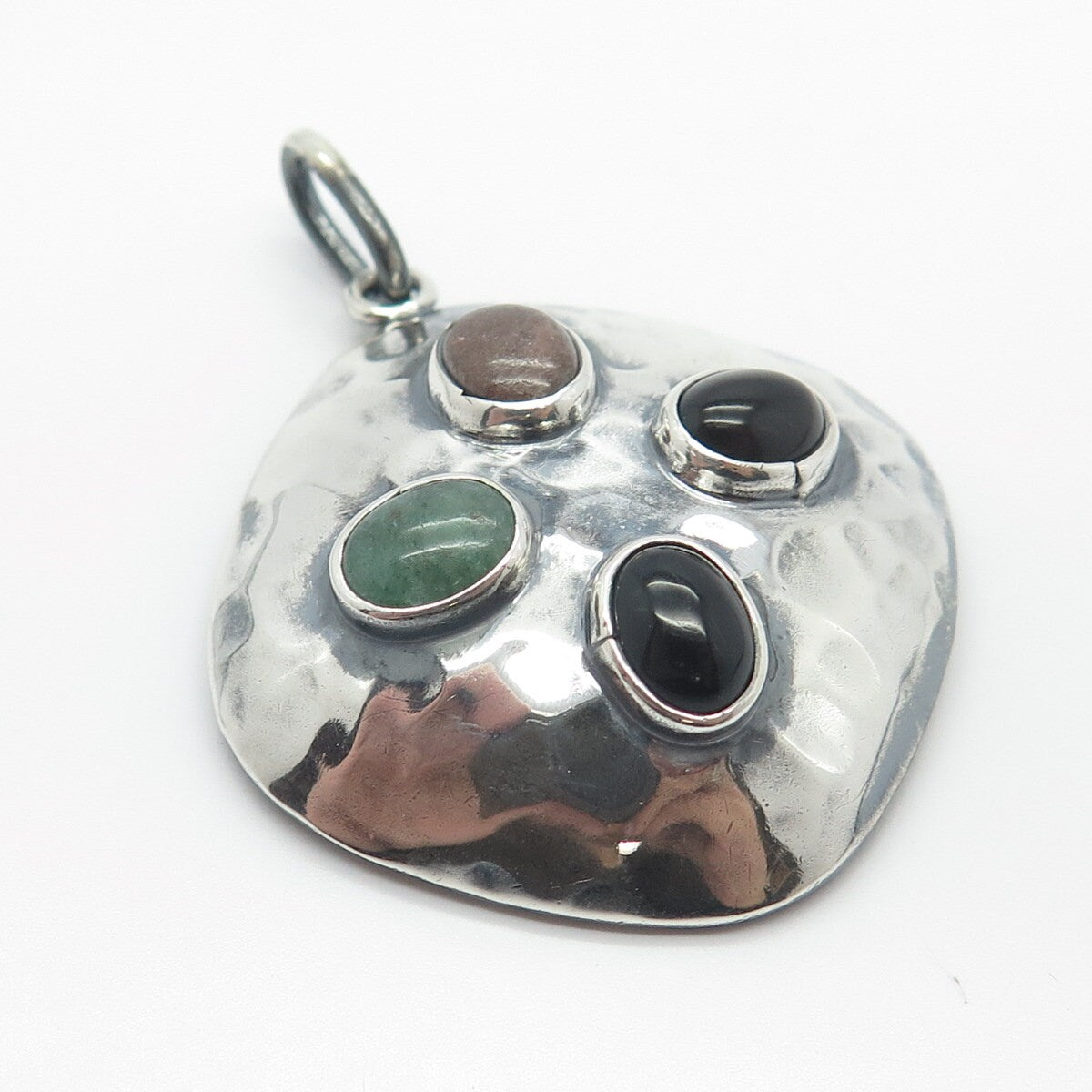 925 Sterling Silver Vintage Mexico Black Onyx Rhodonite & Aventurine Gem Pendant
