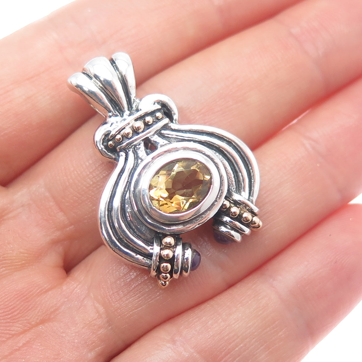 14K Gold 925 Sterling Silver Vintage Real Citrine & Amethyst Modernist Pendant