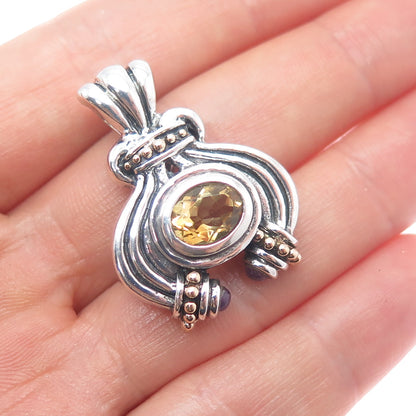 14K Gold 925 Sterling Silver Vintage Real Citrine & Amethyst Modernist Pendant