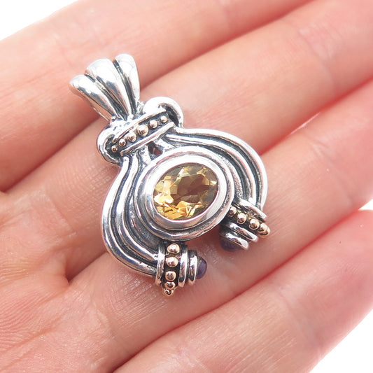 14K Gold 925 Sterling Silver Vintage Real Citrine & Amethyst Modernist Pendant