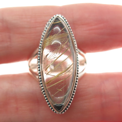 925 Sterling Vintage Real Marquise-Cut Rutilated Quartz Swirl Ring Size 7.25