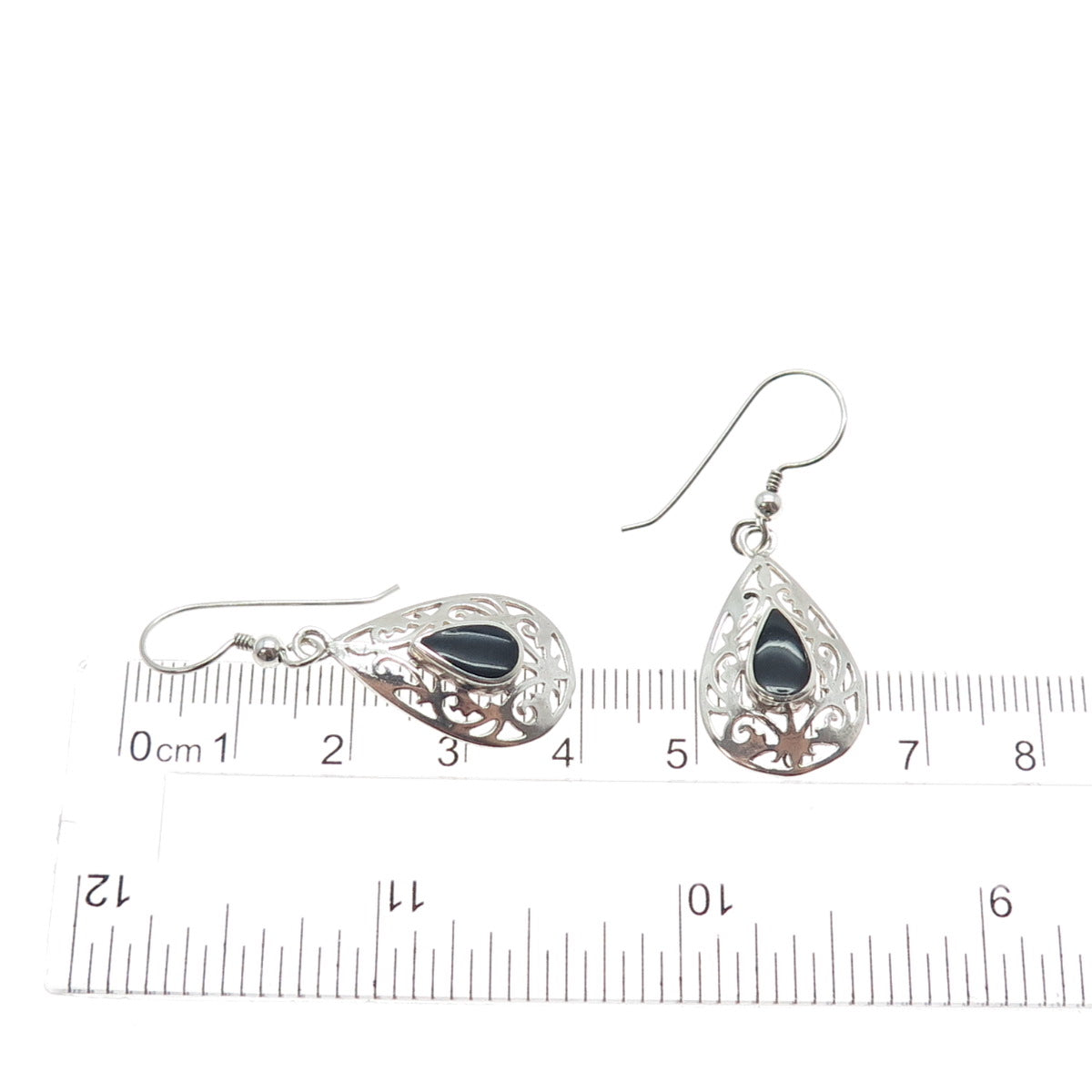 925 Sterling Silver Vintage Real Black Onyx Ornate Teardrop Dangle Earrings