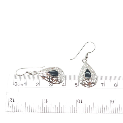 925 Sterling Silver Vintage Real Black Onyx Ornate Teardrop Dangle Earrings