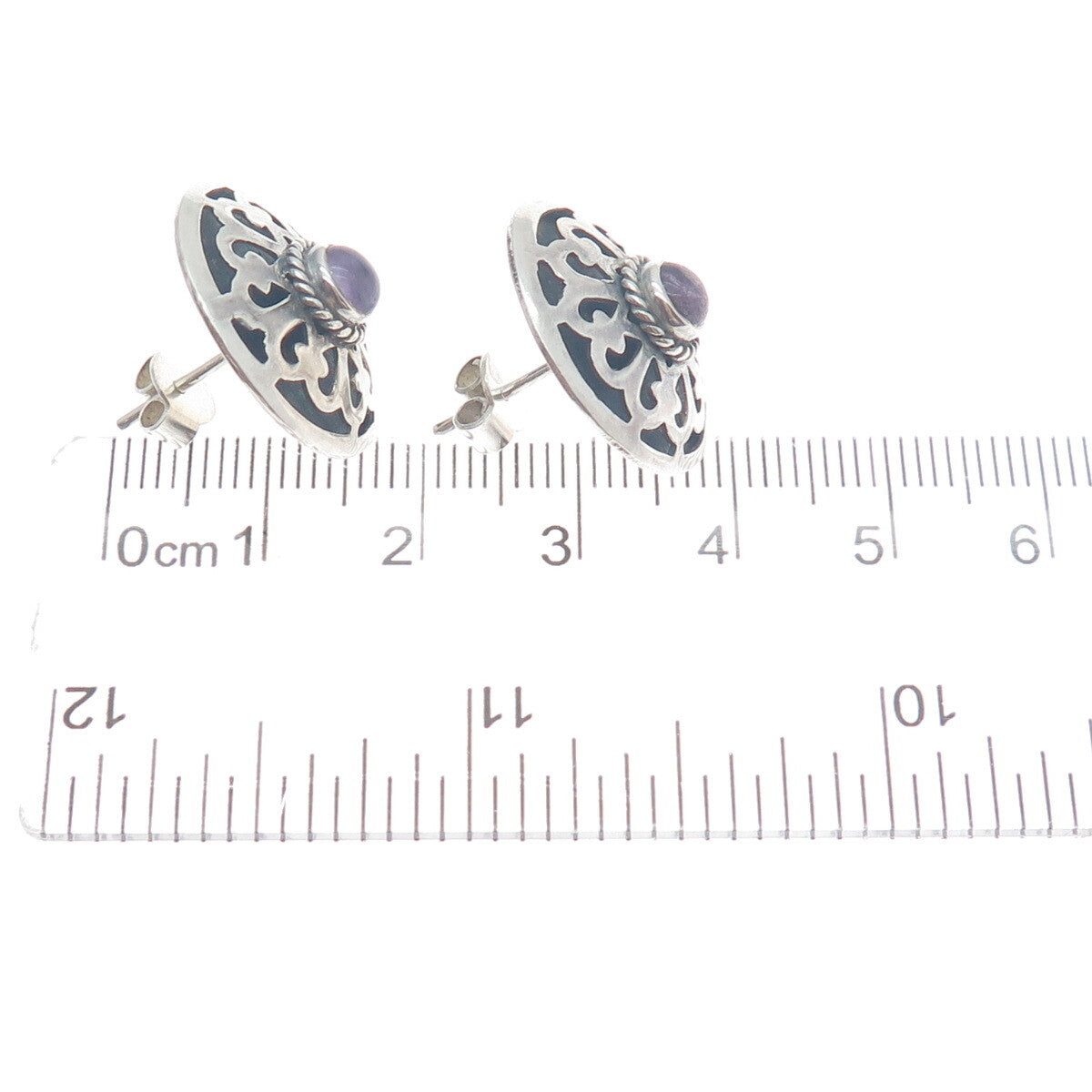 925 Sterling Silver Vintage Real Amethyst Gemstone Floral Ornate Earrings