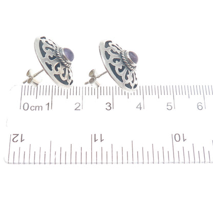 925 Sterling Silver Vintage Real Amethyst Gemstone Floral Ornate Earrings