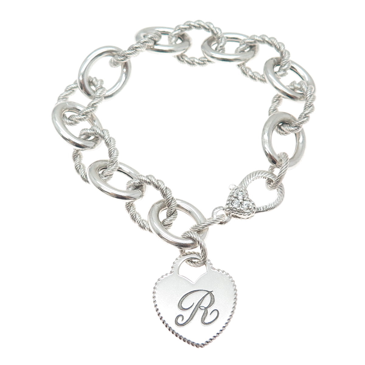 JUDITH RIPKA 925 Sterling Silver C Z Letter R Heart Tag Cable Link Bracelet 7.5"