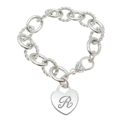 JUDITH RIPKA 925 Sterling Silver C Z Letter R Heart Tag Cable Link Bracelet 7.5"